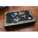 Victorian lacquered trinket box inlaid with mother of pearl with gilding, the top decorated with a