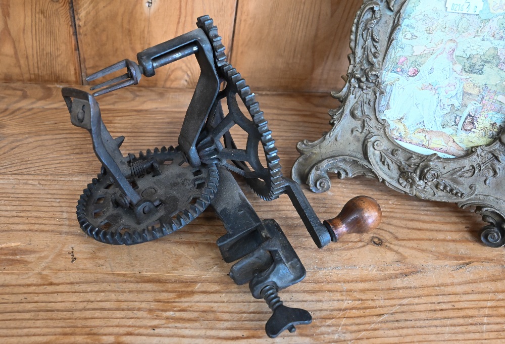 Antique hand-cranked apple peeler to/w bronzed easel frame in the Rococo taste (2) - Image 4 of 4