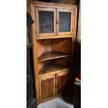 An antique full height pine kitchen larder corner cabinet, with a pair of perforated panelled
