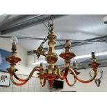 A Queen Anne -style brass six branch electrolier with octagonal sconces, 75 cm diam x 50 cm high