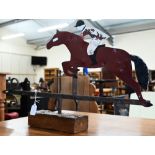 Vintage tin and iron weather vane, modelled as a huntsman and horse to/w a wrought iron ceiling lamp