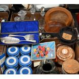 Set of six T G Green Cornish Ware storage jars and covers to/w a polished serpentine heavy vase,