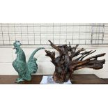 Verdigris-patinated bronze cockerel 29 cm to/w a polished root-sculpture by Terry Newman (