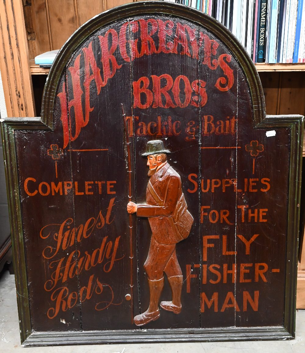 Painted wood shop-sign, 'Hargreaves Bros Tackle & Bait', 91 x 77 cm