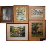 BMJ - Four various Welsh landscape watercolour views, all signed with initials; and a saxophonist