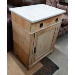 Antique limed-pine side cabinet with single drawer and panelled cupboard and carrara marble top,
