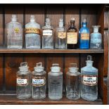 Twelve various apothecary's jars and bottles, with labels