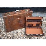 High quality vintage leather suitcase with brass locks and reinforced corners (handle a/f), 80 x