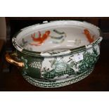 Modern Chinese oval two-handled porcelain footbath printed and painted with fish, flowers and