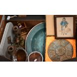 Two silver-plated bottle coasters to/w a boxed Chinese segmented soapstone disk carved with fish,