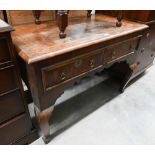 An early 18th century walnut featherbanded two drawer side table on cabriole supports, 105 x 56 x 74