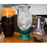Two 1950s/60s vintage German pottery large vases, with decorative glazes, 44/45 cm to/w a similar