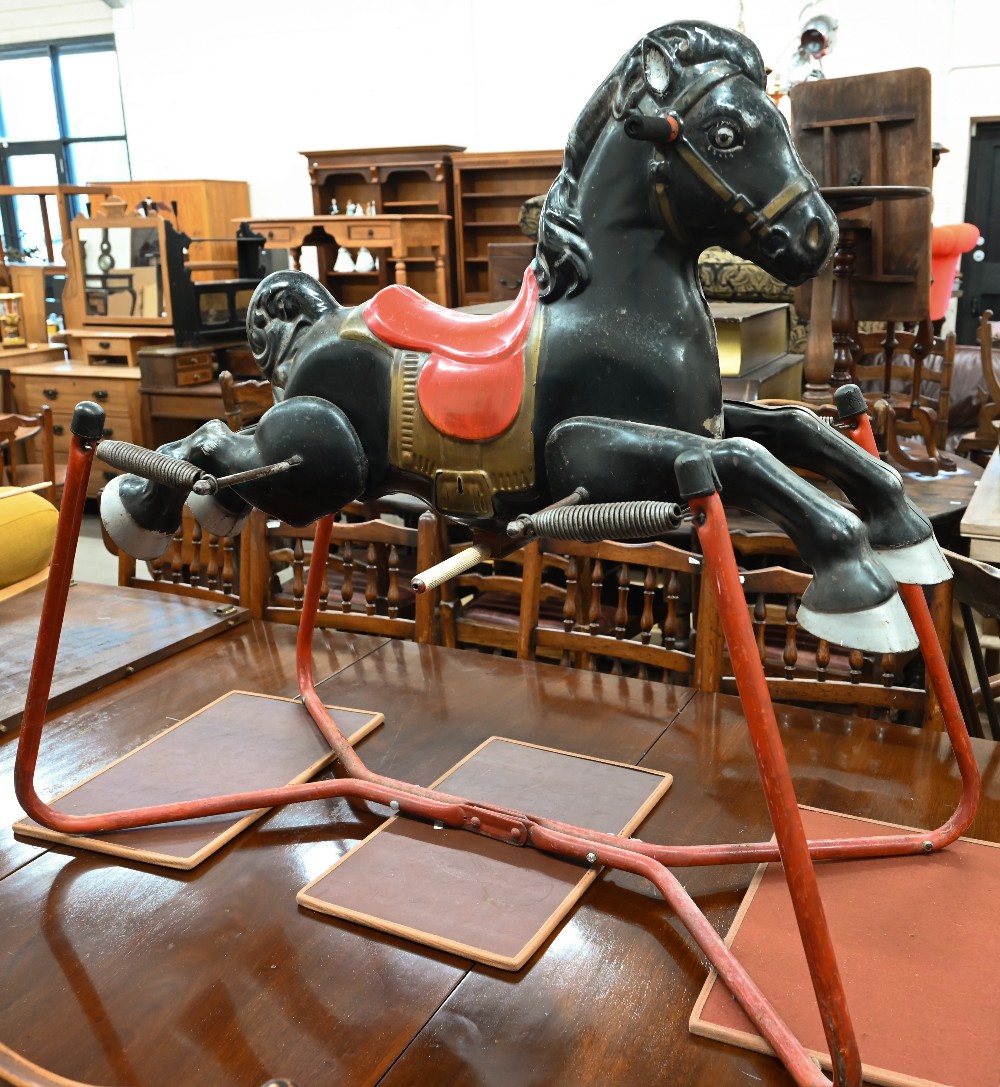 Vintage painted metal Mobo rocking horse on frame with suspension springs