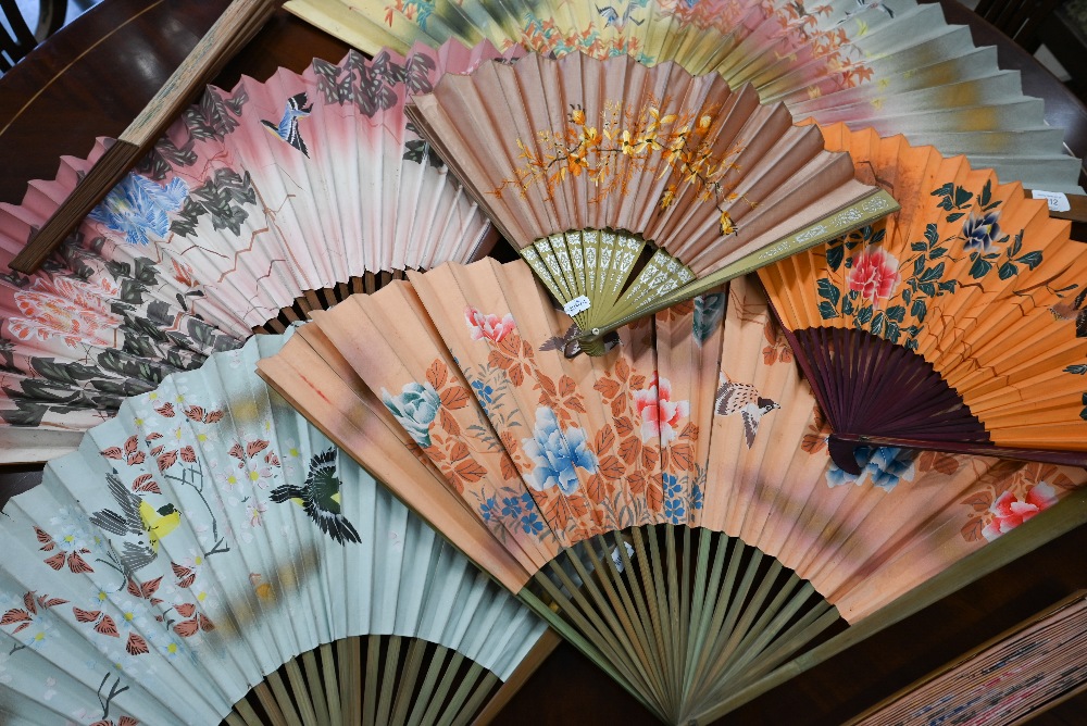 Seven traditional Japanese bamboo fans painted with various kache-ga designs in watercolour to/w - Image 2 of 2