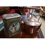 Victorian copper kettle to/w a vintage biscuit tin printed with works by George Morland (2)