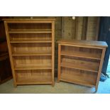 Two modern beech open bookcase with adjustable shelves, one 97 x 32 x 110 cm and 97 x 32 x 155 cm