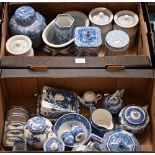 Various Victorian and later blue and white transfer-printed tableware (2 boxes)