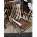 Antique provincial elm seated  Windsor rocking chair to/w a tapestry seated side chair (2)
