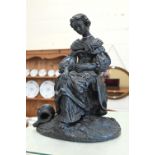 Bronzed spelter figure of a young lady, seated on a tree-stump, signed 'Boitel', 31 cm