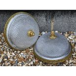 Pair of glass and brass ceiling light fittings with bowl shades, 27 cm diam