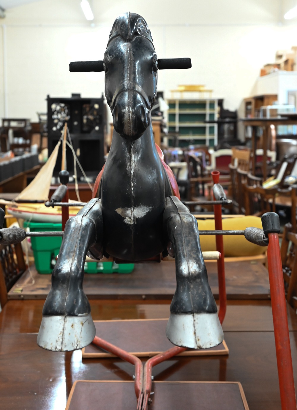 Vintage painted metal Mobo rocking horse on frame with suspension springs - Image 6 of 6