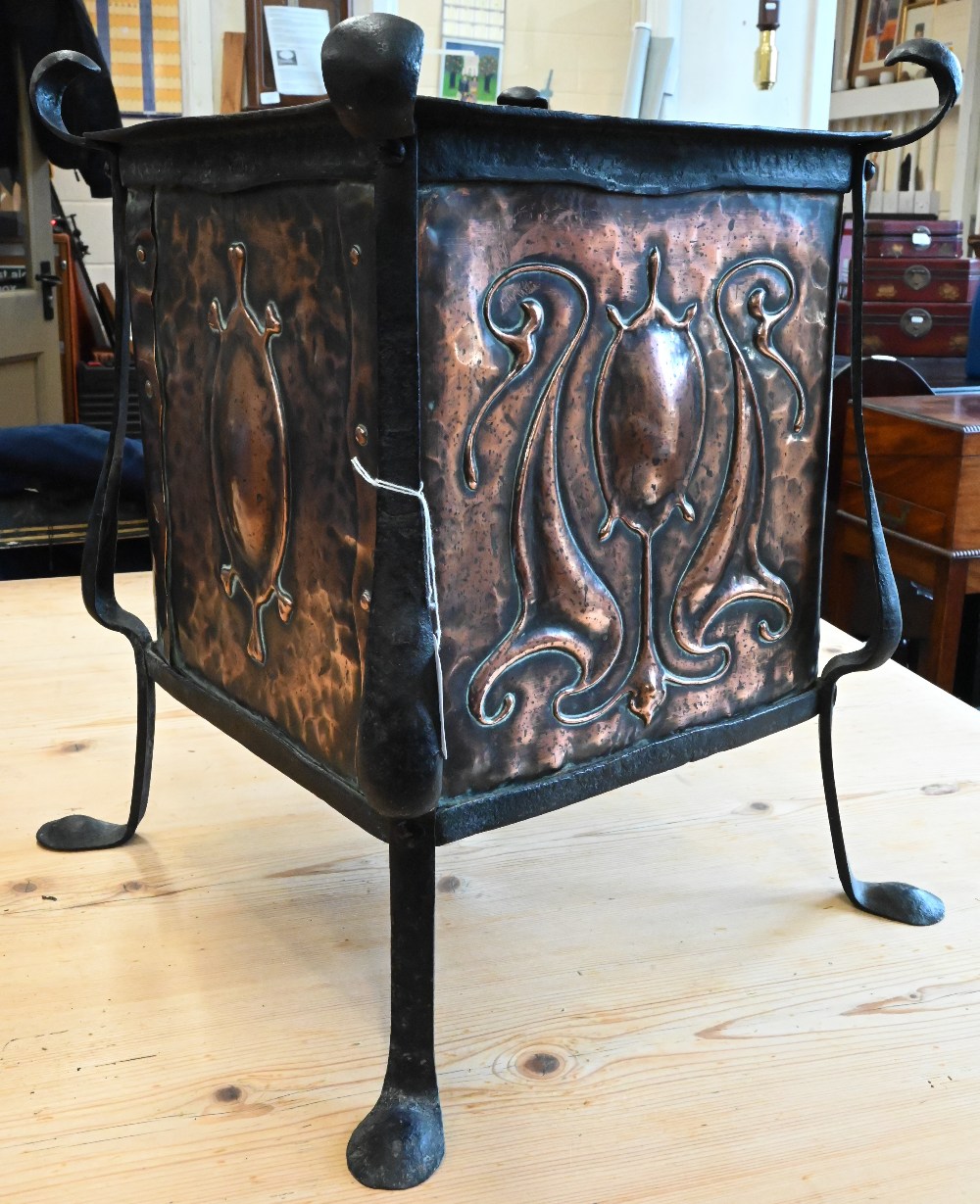 Late Victorian/Edwardian Art Nouveau wrought iron coal-bin with stylised floral-embossed copper