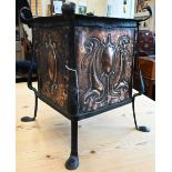 Late Victorian/Edwardian Art Nouveau wrought iron coal-bin with stylised floral-embossed copper