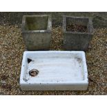 Two cast stone planters to/w a glazed white sink (3)