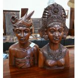 Two mid-century Balinese carved hardwood busts, male 33 cm high and female Janger dancer 34.5 cm