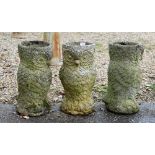 Three weathered reconstituted stone cast 'owl' flower pots/planters, approx. 25 cm dia x 50 cm h (3)