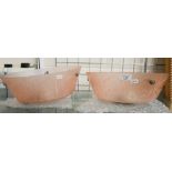 Pair of Art Deco pink glass bowl ceiling lightshades etched with stylised foliage, 36 cm diam c/w