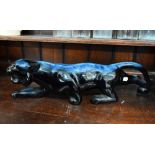 Blue-glazed earthenware panther, 53 cm long