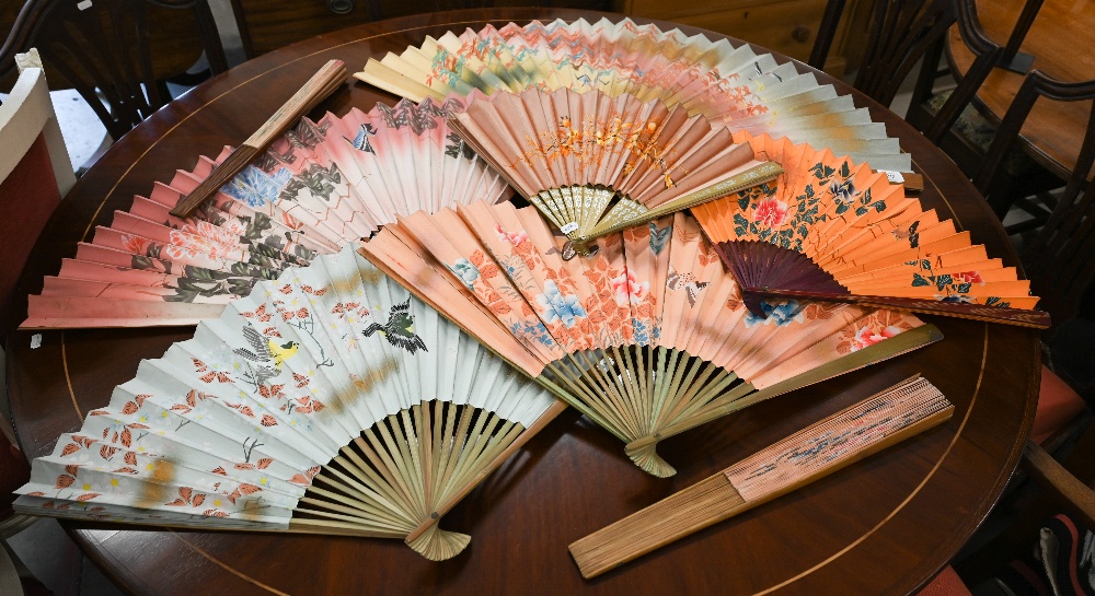 Seven traditional Japanese bamboo fans painted with various kache-ga designs in watercolour to/w