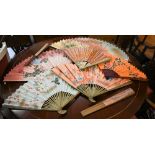 Seven traditional Japanese bamboo fans painted with various kache-ga designs in watercolour to/w