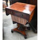 A Victorian mahogany drop leaf sewing table with single drawer and silk covered wool box, concaved