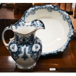 Edwardian Albion Pottery 'Truro' blue and white printed ewer and basin