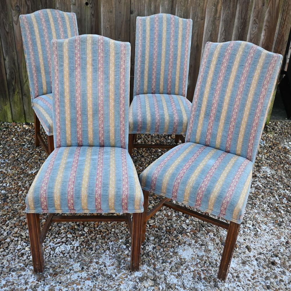 A set of four Georgian style blue, yellow and pink striped hump-back dining chairs (4)