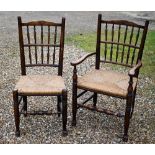 A set of ten reproduction Lancashire spindle back dining chairs, with rope seats, comprising eight