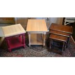 Two differing coffee/lamp tables to/w a nest of three stained beech occasional tables (3)