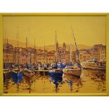 Patrick Turion (b 1951) - 'Port Marine', extensive harbour view, oil on canvas, signed, 96 x 128 cm,