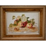 F W - Still life study with fruit, oil on ceramic? panel, signed with initials and dated 1906, 29