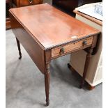 A Regency mahogany crossbanded Pembroke table with box and ebony inlays, the end drawer with lion