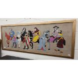 Framed and glazed embroidered felt picture of Chaucerian Canterbury Pilgrims, 128 x 49 cm overall