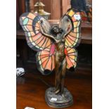 Bronzed resin table lamp modelled as a fairy with Tiffany-style marbled glass wings shade, 39 cm