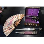 Ornate Indian dagger (reproduction) to/w a vintage Spanish souvenir paper fan depicting