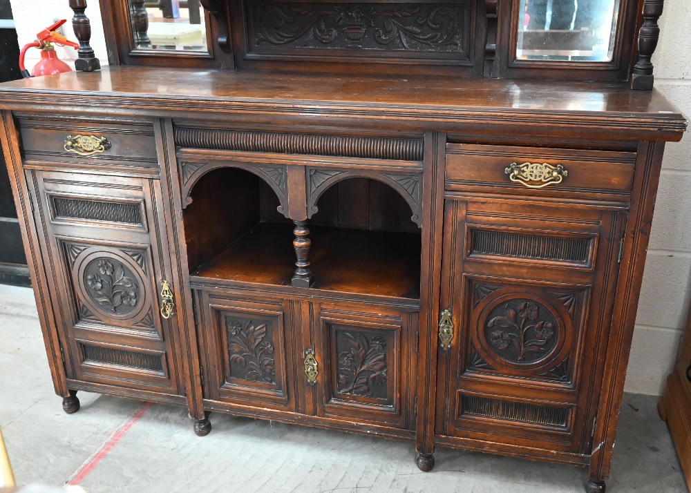 An Art Nouveau carved walnut mirror-backed sideboard, 152 cm wide x 52 cm deep x 198 cm high - Image 2 of 3