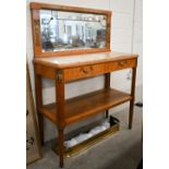 A Continental satinwood marble top console table with mirrored back over two drawers and open