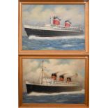 Two oil on canvas studies of ocean liners - The United States and Queen Mary, one signed, 55 x 75 cm
