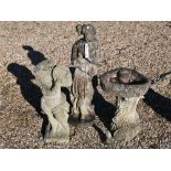 Two weathered cast stone garden statues to/w a stone cast birdbath (3)