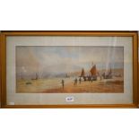 L Lewis (1826-1913) - Fisherman on foreshore bringing in nets, watercolour, signed, 23 x 53 cm